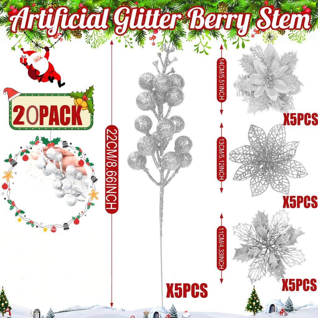 10 Stück Künstliche Glitzerbeeren Stiel Weihnachtsbaum Dekoration Ornamente Kunstblumen Für Heimdekor Neujahr 2026 Zubehör