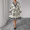 This Is A New Autumn and Winter Dress with Large-sized Printed Puffed-sleeve V-neck and High Waist Which Is Slimming