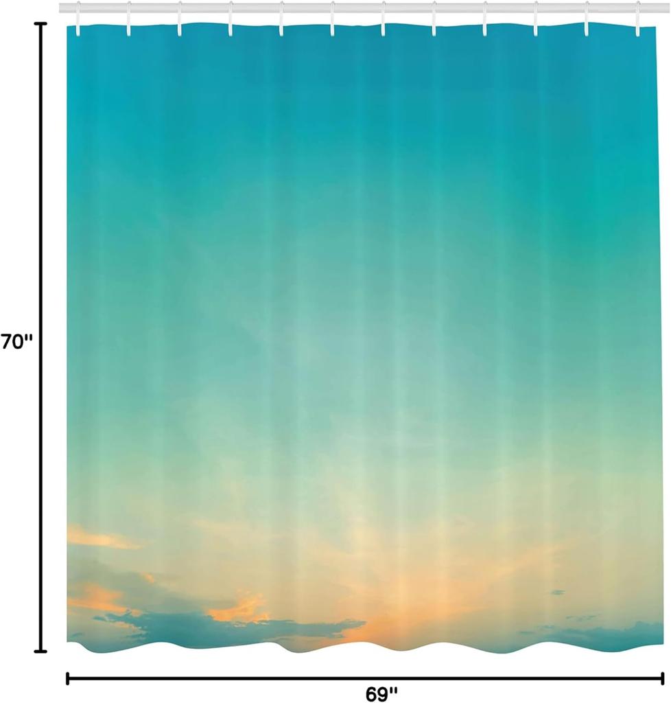 Aqua Shower Curtain, Twilight Sunset Morning Clear Sky Dawn Nature Clouds Horizon Artwork, Cloth Fabric Bathroom Decor