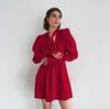 Autumn Temperament V-neck Bubble Sleeve Design Sense European and American Dress Black Long-sleeved Chiffon Short Skirt Women's Clothing