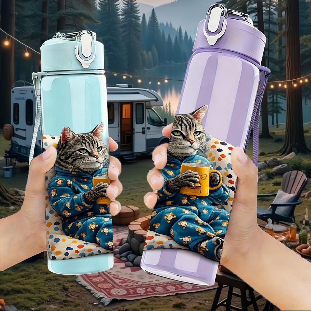 1PC Cat Colorful Patchwork Pillow Print 750ml Color Plastic Sports Water Bottle Leakproof Flip Straw Lid Suitable for Sports Office Home Use