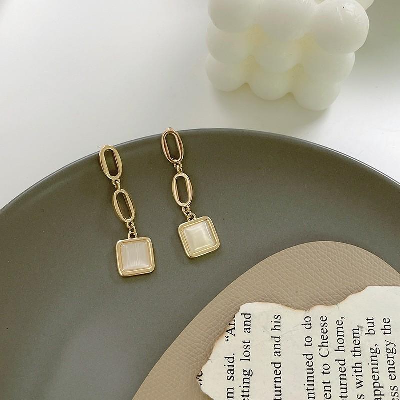 Silver Needle Geometric Cat's Eye Tassel Earrings for Women - Unique Design