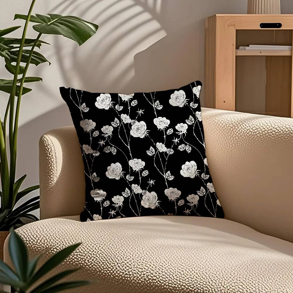 Svartvit Växtmönster Blad Kuddfodral Komfort Soffa Säng Silkeslen Elegant Dold Dragkedja Anpassad Dekorativ Kuddeöverdrag