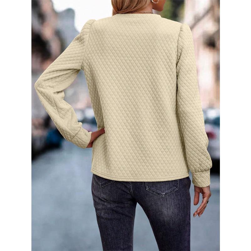 Autumn and Winter Women's Sweatshirt Round Neck Plaid Solid Color Temperament Elegant Casual Long Sleeve Top Sweatshirt