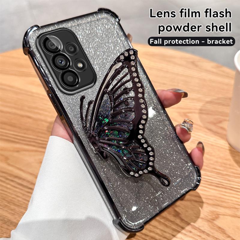 Glitzernde Beschichtung Treibsand Schmetterling Handyhalter Hülle für Samsung Galaxy A13 A23 A33 A53 A73 A12 A22 A32 A52 A52S 4G 5G Hülle