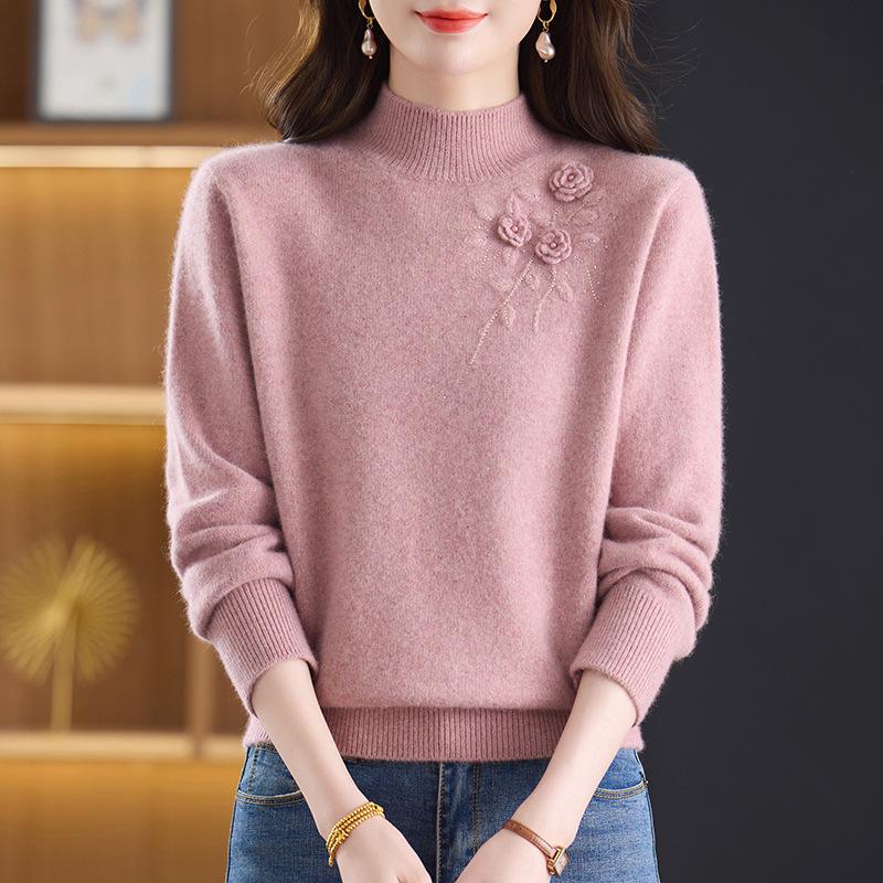 Women's Slimming Half-High Collar Wool Sweater - Thick Warm Winter Base Layer for Middle-Aged Women