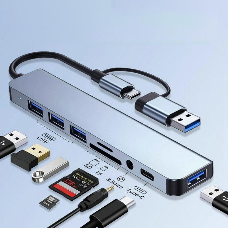 8in1 USB C Type C HUB Docking Station with 3.5mm Audio Jack Adapter for Micro SD Card Reader Laptop Tablet Phone Disk Converter