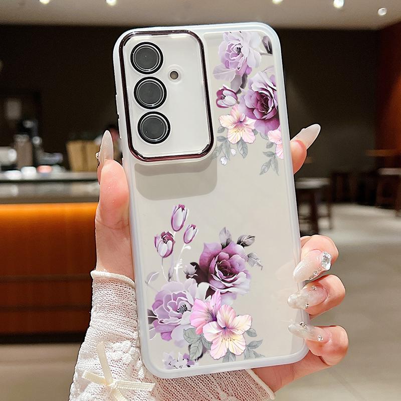 Floral Print Clear Silicone Soft Phone Case For Samsung S25 Ultra S24 FE S23 Plus A56 A36 A16 A55 A15 Slim Shockproof Lens Film Protection Cover