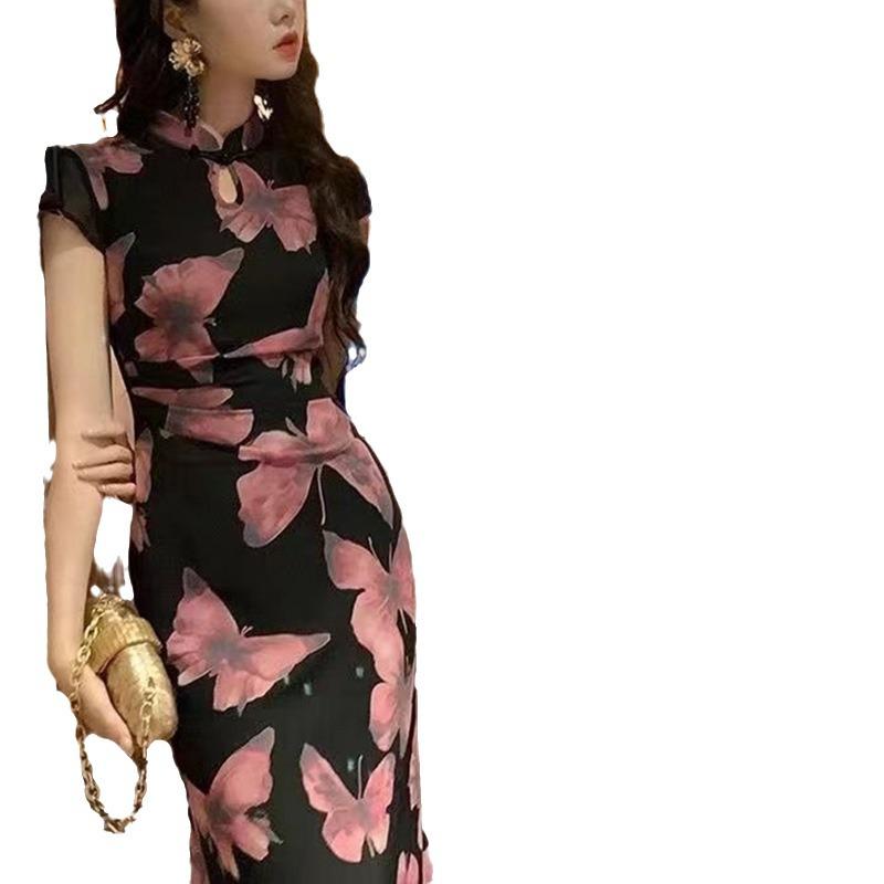 New Chinese Butterfly Print Summer Cheongsam - Short Sleeve Long Dress