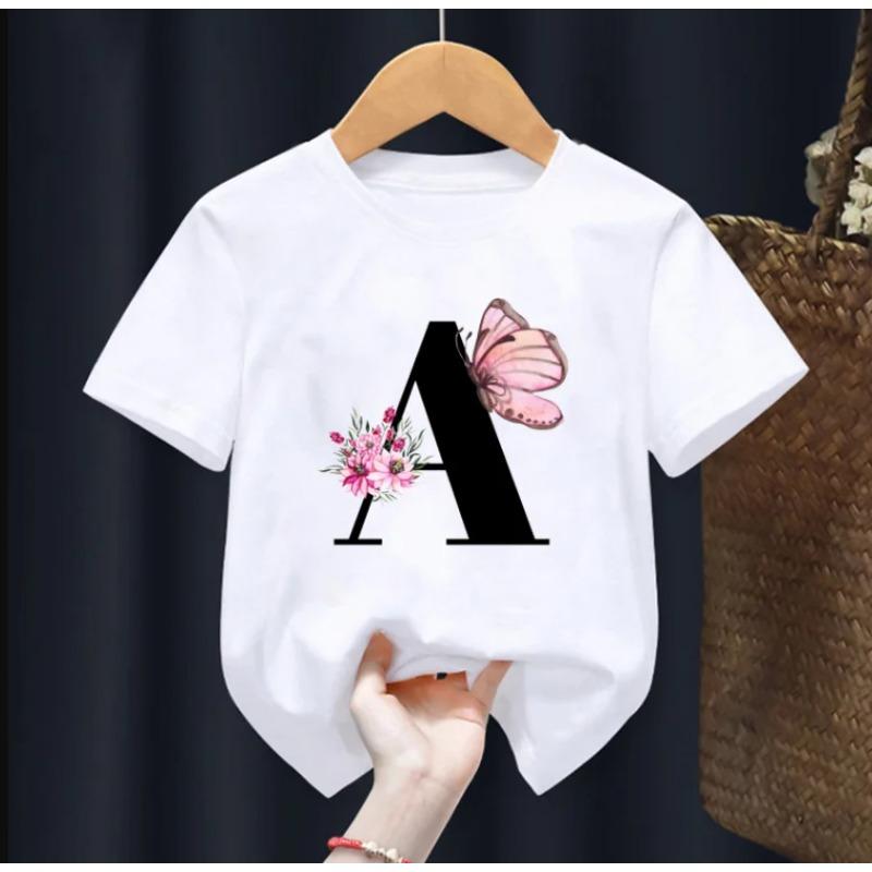 Summer Beautiful Letters Pink Flowers and Butterflies Printed Kids T Shirt Girls Tops Casual Baby Girl T-Shirt  Fashion Short