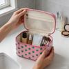 Polka Dots Travel Make-up Bag with Compartments – Coated Cosmetic Bag for Women, Waterproof, Portable, Flat-Folding Toiletry Bag