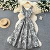 French high-end elegant dress women's autumn straps waist and thin temperament V-neck jacquard big swing dress