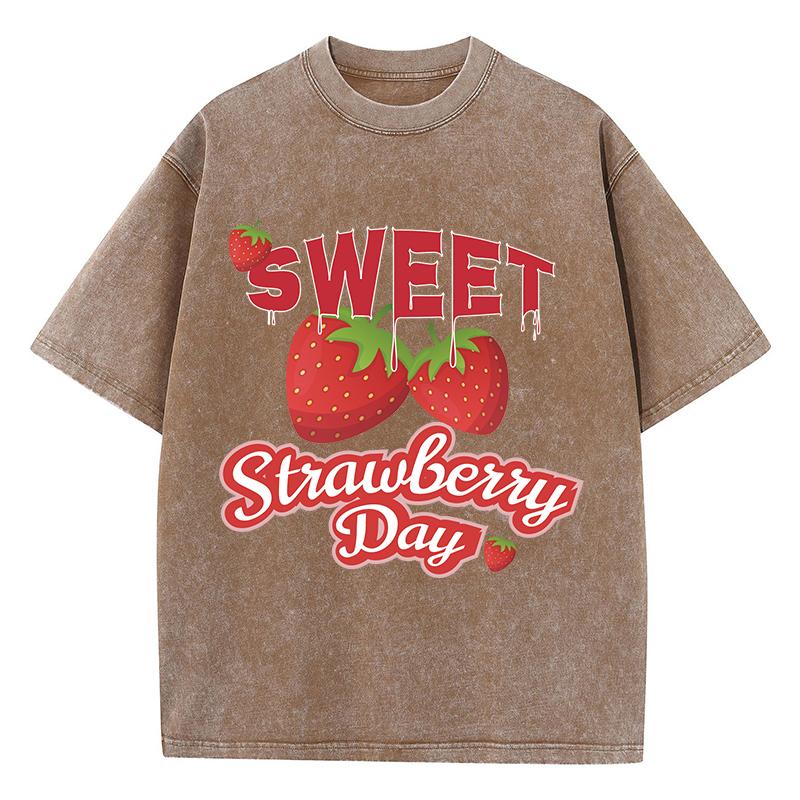 

Женские выстиранные футболки Сладкая клубника День Принт Футболки Хлопок Оверсайз Круглый вырез Футболки Уличная женская одежда 3XL