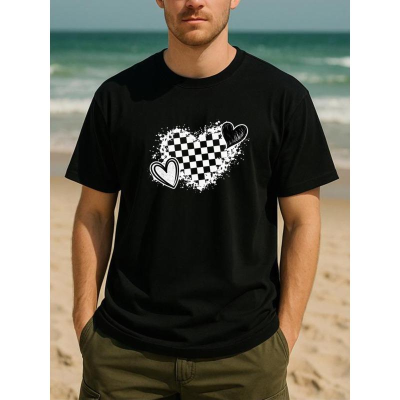 

European sizes Retro Sweet and Cool Style Pure Versatile T-shirt | Checkerboard Ink-splashed Heart, Casual Fit 4XL чорний