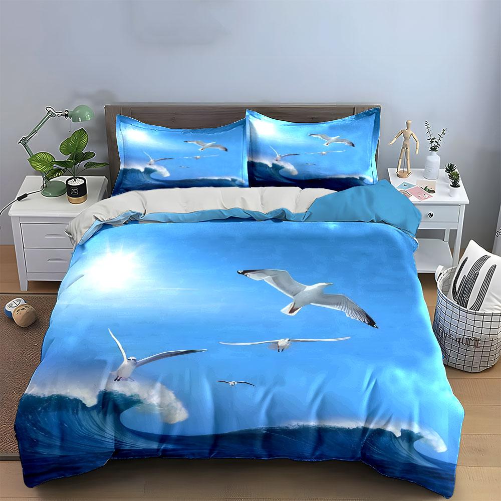 Seagull Ocean Wave Decor Set Soft Comfortable Duvet Cover Bedding Set Included 1*Duvet Cover & 2*Pillowcases, Gift