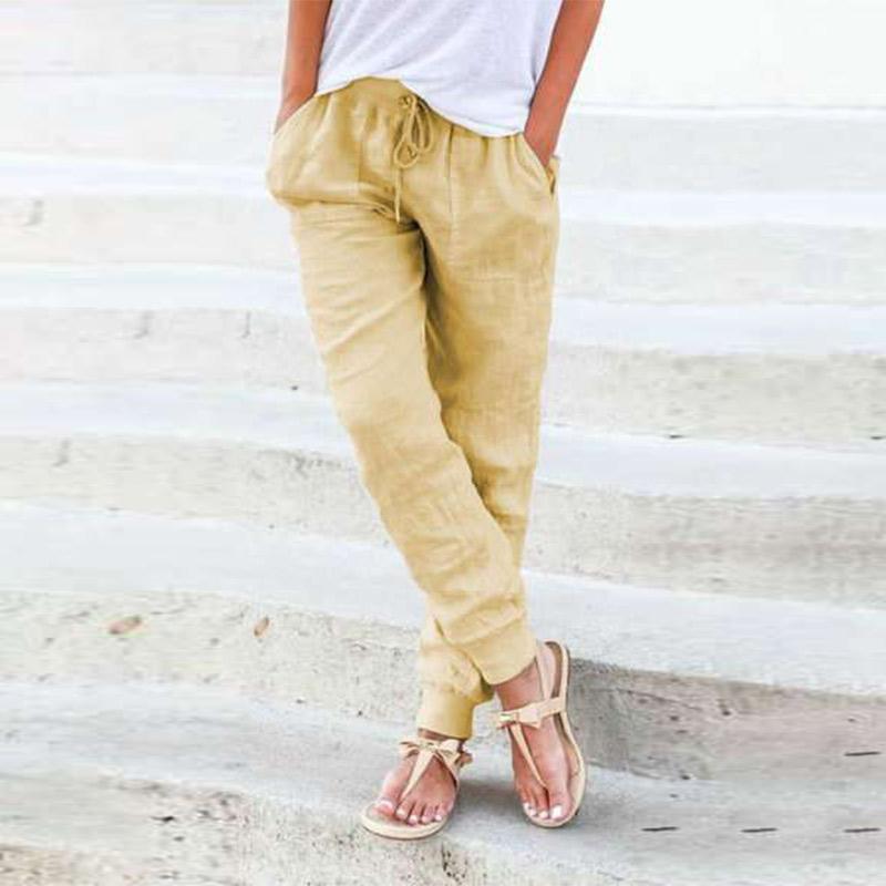 Women's Casual Cotton Hemp Pants Pure Color High Waist Ankle Simple Spring Autumn Female Pocket Pant