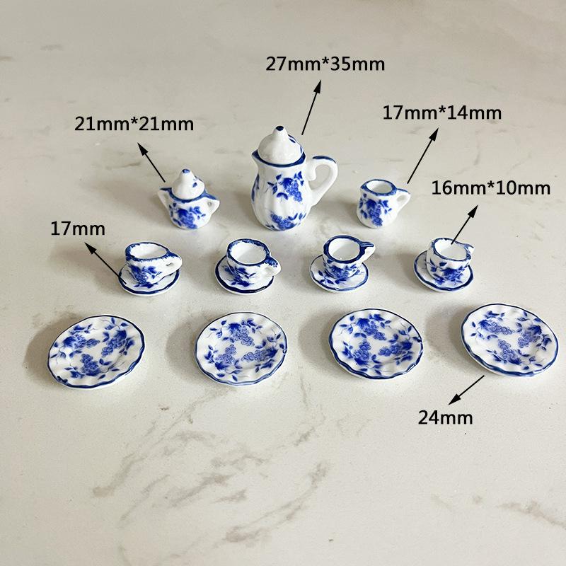 15Pcs/Set Vintage Miniature White Porcelain Tea Set Pot Cup Plate Tableware Dollhouse House Model Room Items Furniture Decor