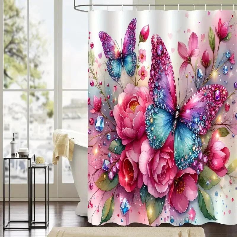 Butterfly Print Shower Curtain Family Bathroom Decoration Polyester Fabric Bathtub Curtain Bathroom Partition Room Decoration