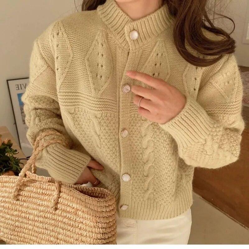 

Корейский кардиган, свитер, женский осенний французский ретро темперамент, свободный короткий кардиган с круглым вырезом и длинными рукавами, вязаный свитер, женские топы One Size светло-желтого