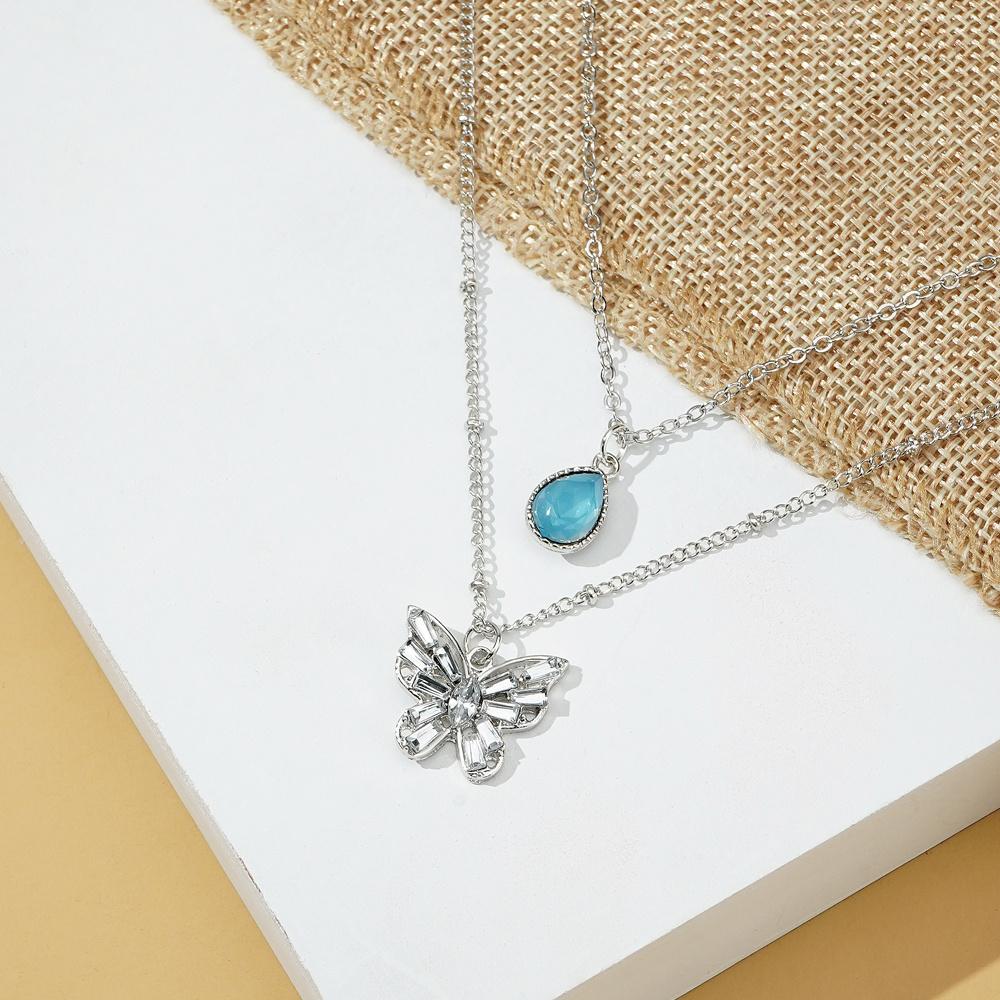 Silver Color Shining Crystal Butterfly Pendant Necklaces Double Layer Pendant Clavicle Choker For Women Jewelry Gifts