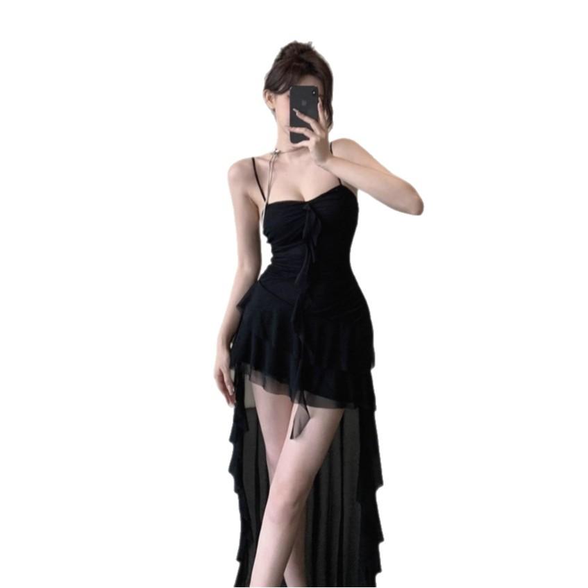 Spice girl super fairy lotus leaf edge mesh suspender dress women's summer seaside vacation atmosphere senior irregular short skirt