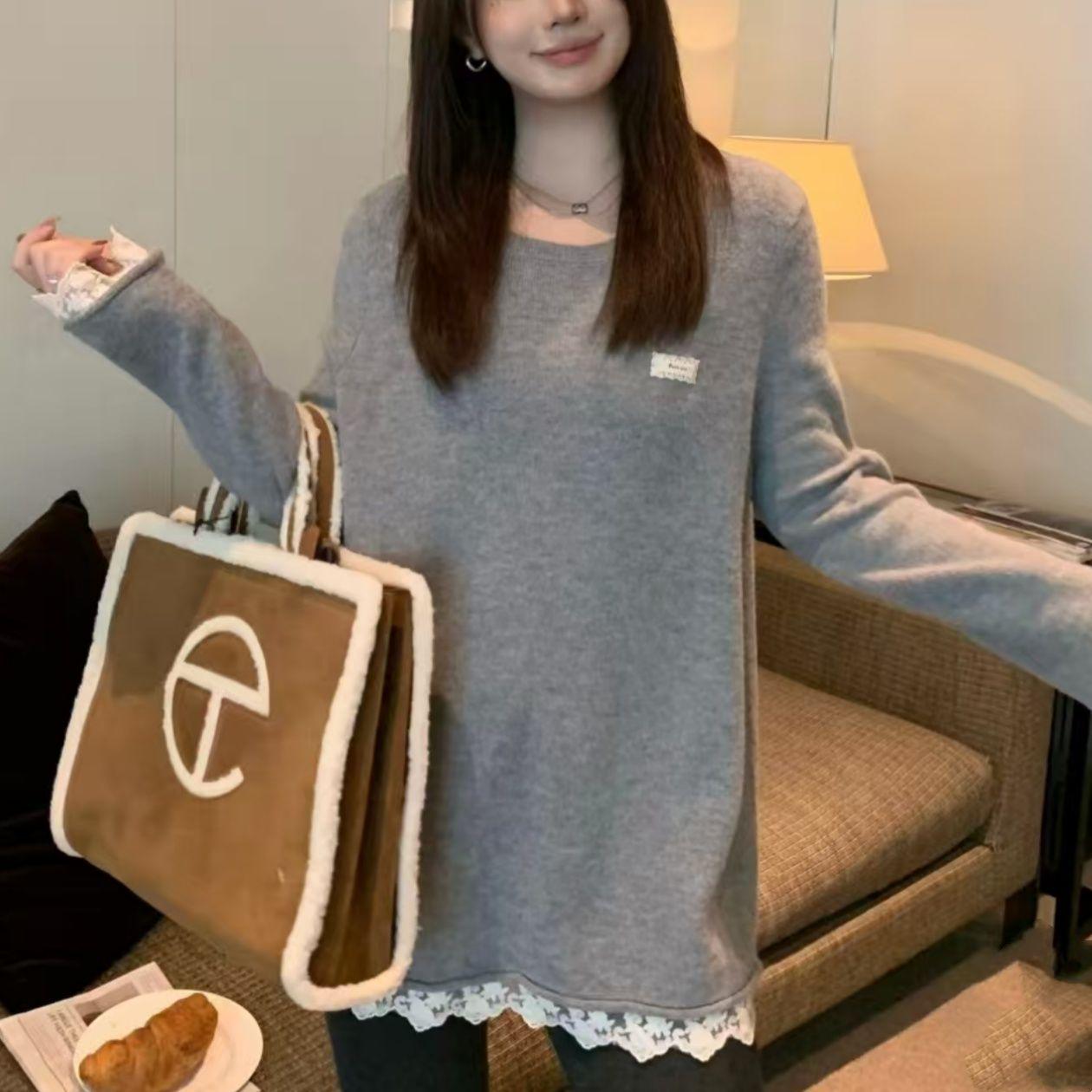 

Plus Size Women s Lace Knit Sweater - Autumn/Winter Long Sleeve Top for a Chic Look. 3XL (180-200 jin) серый