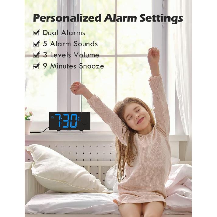 Projection Alarm Clock with FM Radio, USB Charging Port, 0-100% Dimmer, Dual Alarms, HD LED Display, 30 Preset Stations, Sleep Timer, 5 Alarm Sounds,