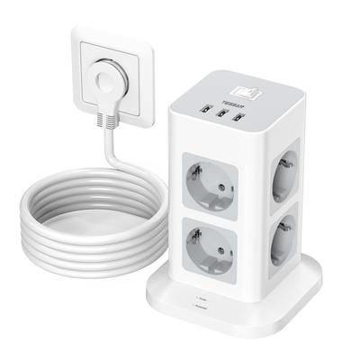Tessan Flat Plug Socket Strip, 8 Way Multiple Socket with 3 USB, Extension Cable Flat Connector 2 M, Multiple Plug Surge Protection