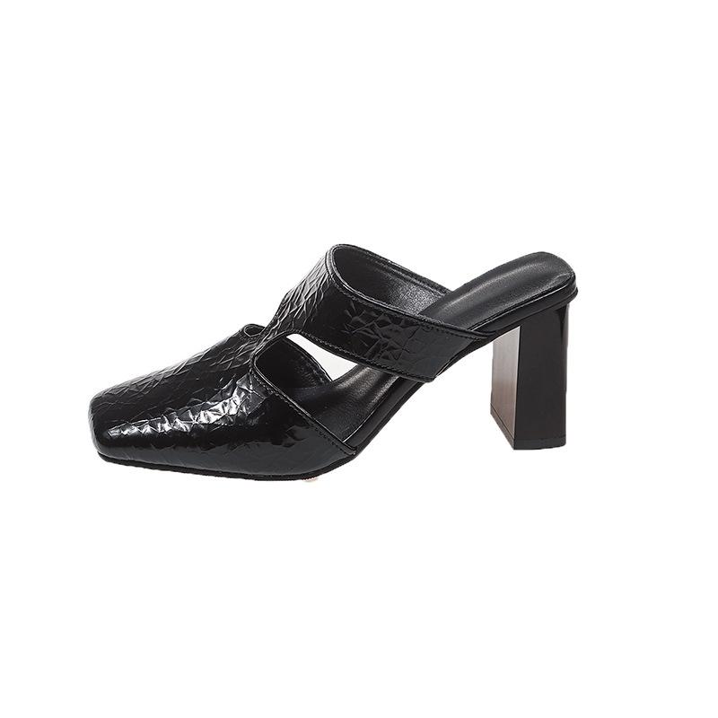 

European and American retro slippers thick heel Mary Jane shoes women s 2025 spring and summer temperament versatile square head bag head high heels w 35 чёрный