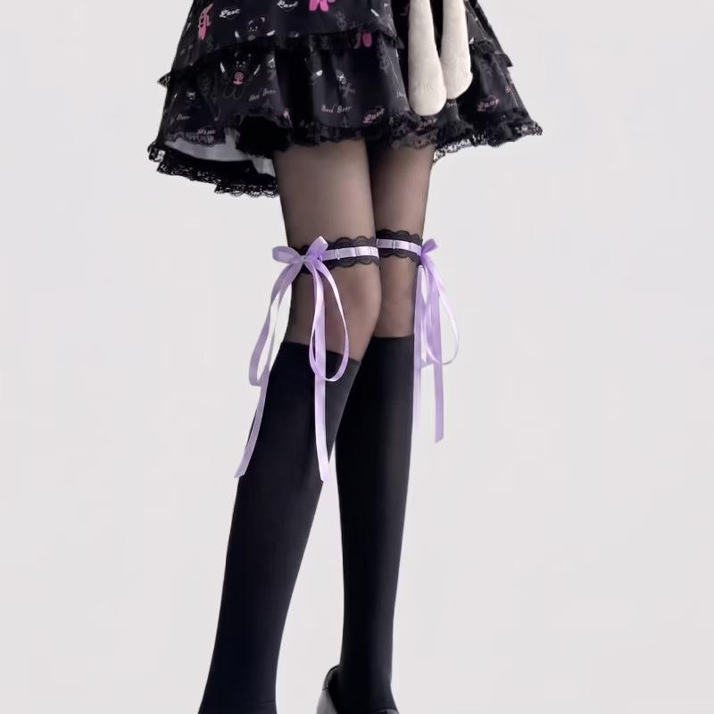 Mu Ruan Black & White Bow Tie Lace Pantyhose - Spring/Summer Lolita Style