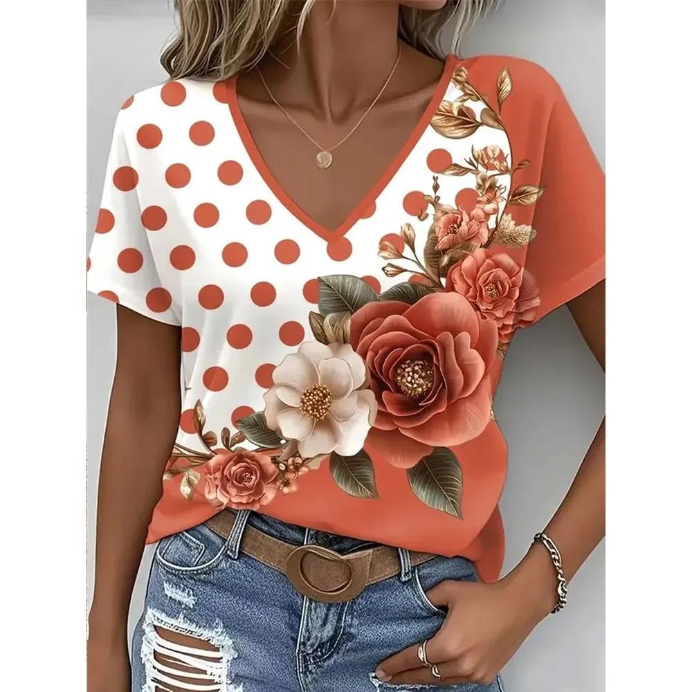 Summer Women Beautiful Flowers V Neck Casual Fashion Tops Comfortable Loose Short Sleeve T-shirt