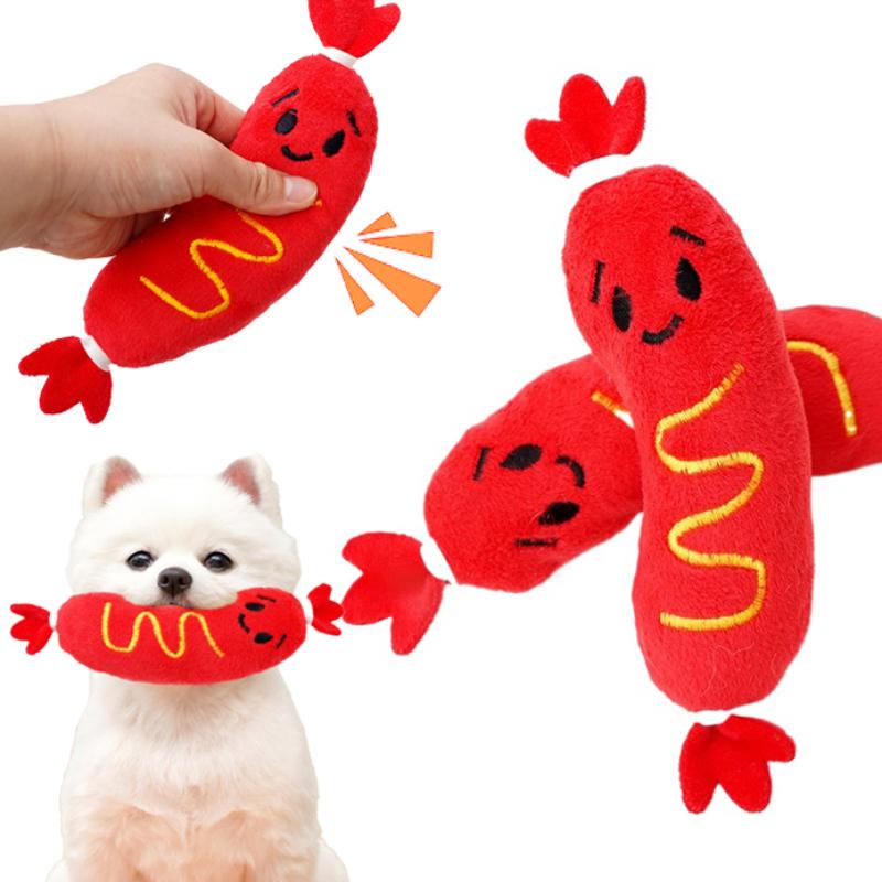 Dog Sound Plush Toy Hot Dog Chewing Toy Pet Grinding Teeth Squeaky Plush Toy Puppy Bite-resistant Interactive Chew Toy