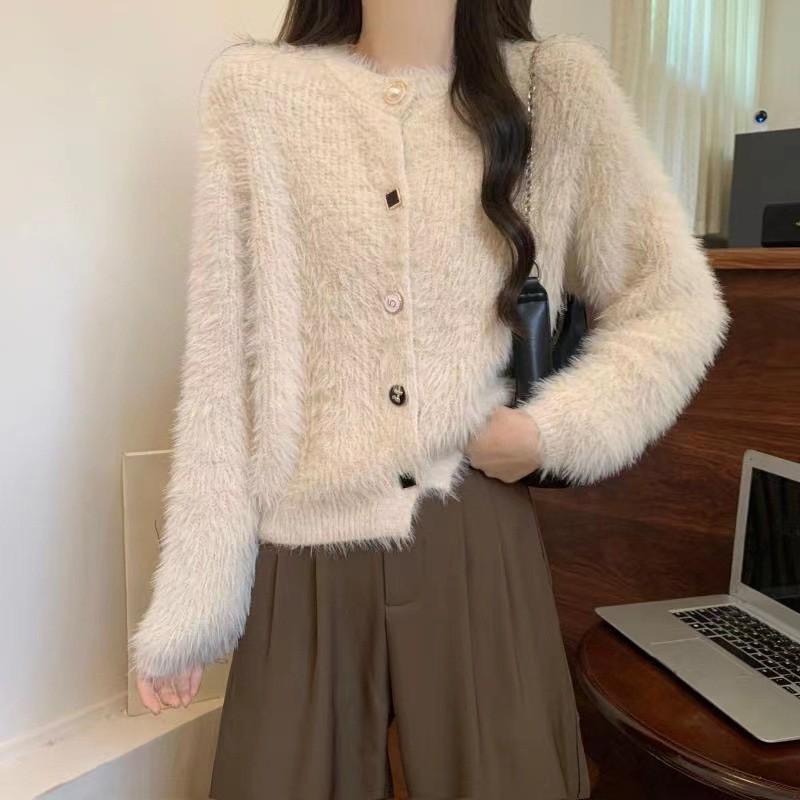 Womens French Vintage Soft Knit Cardigan Short Round Neck Sweater Coat Solid Color