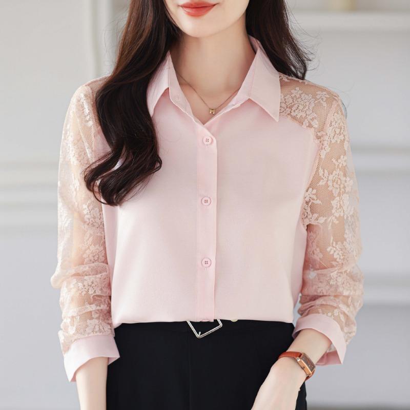 Western Style Women's Collar Lace Patchwork Chiffon Shirt Top Cardigan Shirt