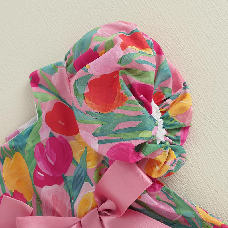 Baby Girl Floral Dress Summer Short Sleeve Square Neck Bow Front Floral Print Loose Dress Toddler Casual Dress