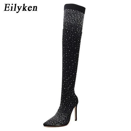 Fashion Eilyken Fashion Runway Crystal Stretch Fabric Sock Over-the-Knee Boot Thigh High Pointed Toe Woman Stiletto Heel Shoes