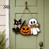 Funny Ghost Door Hanger Halloween Wooden Sign, Pumpkin Boo Black Cat Welcome Farmhouse Entryway Decor Sign for Trick or Treat Party Indoor Outdoor