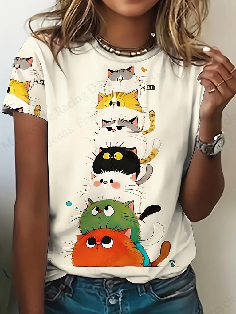 Women's Plus Size 3d Cute Cat 3d Print Tshirt Women Fashion Casual Crew Neck Short Sleeve T Shirt Female Tops Tees Cartoon