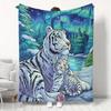 Snow Tiger Family Scene Pine Tree and Moonlit Sky Pattern Throw Blanket, Air Conditioning Blanket, Flannel Blanket for Dormitory