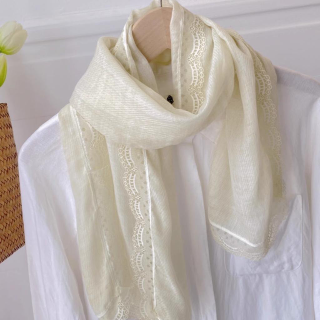 Retro Tie-dye Lace Edge Cotton and Linen Scarf Women's Spring Autumn Versatile Summer Thin Sunscreen Small Shawl with Short Yarn