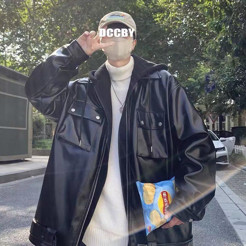 Men's PU Leather Hoodie Jacket - Retro American Style for Autumn/Winter