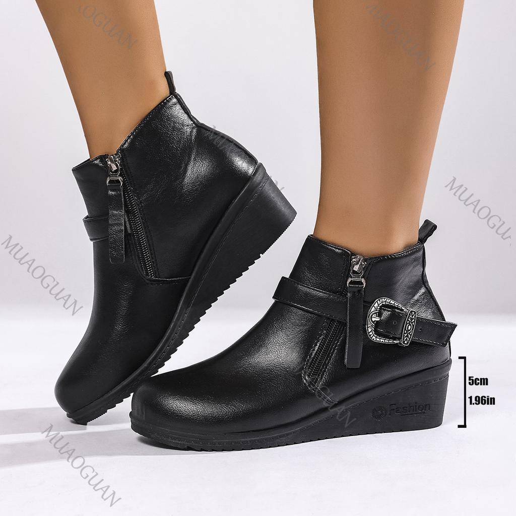 Fashion Autumn and Winter New Round Head Wedges Ankle Boots for Women Fashion Side Zip Ladies Leather Solid Color Comfortable Botines