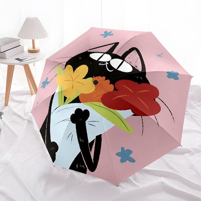 1pc Flower Cat Automatic Folding Umbrella Portable Collapsible 8-Rib Umbrella for All Seasons, Casual Outdoor Accessory, B36