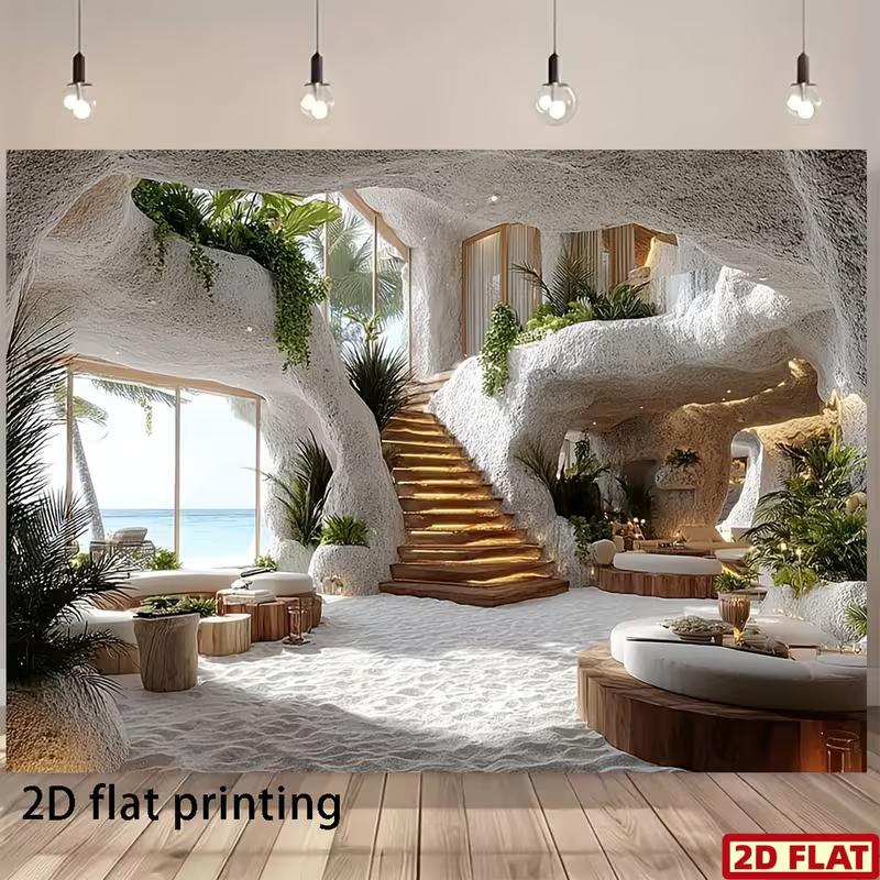 

2D Tropical Beach Cave Backdrop Seaside Resort & Staircase Photo Booth Background 47.2x31.5inch/120*80cm