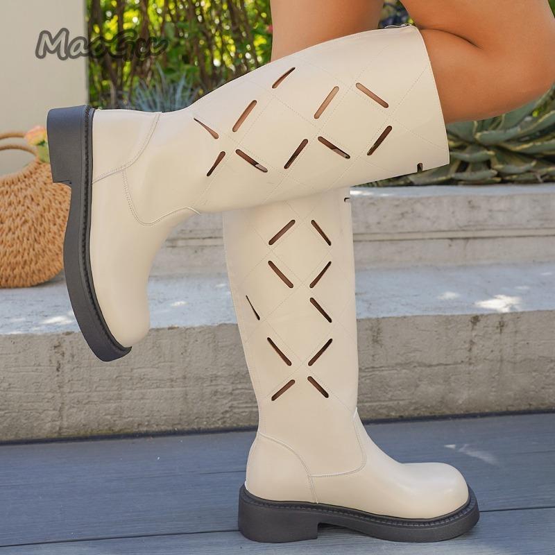 Fashion British Style Hollowed Out Knight Boots for Women Autumn New Thick Soled Knee-High Size 36-42 PU Black Beige Botas Largas Mujer