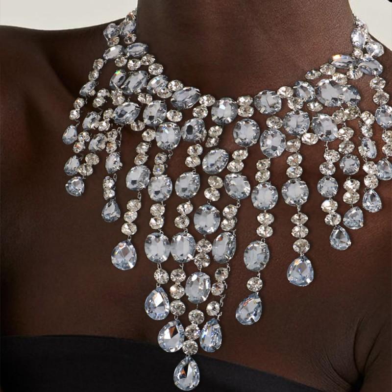 Layered Waterfall Rhinestone Necklace Women Bold Geometric Drop Pendant Chain In Gold Gunmetal