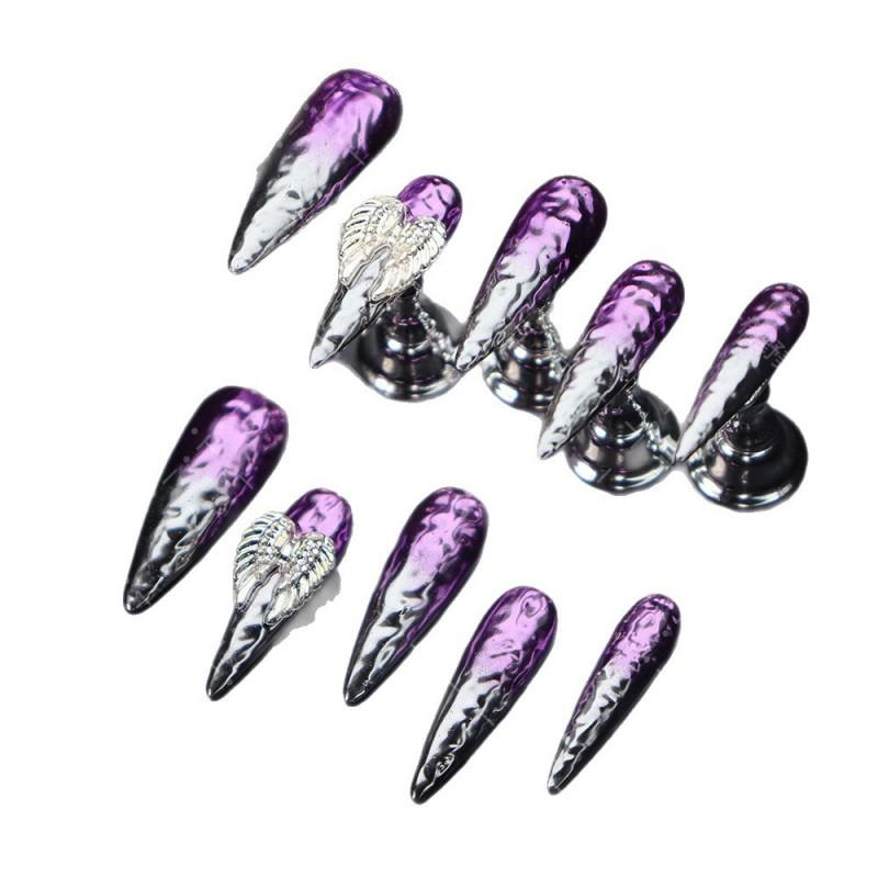 Handmade Press-On Nails With 3D Embossed Wing Design Purple A2973 Long Pointed Acrylic False Women Sweet Punk