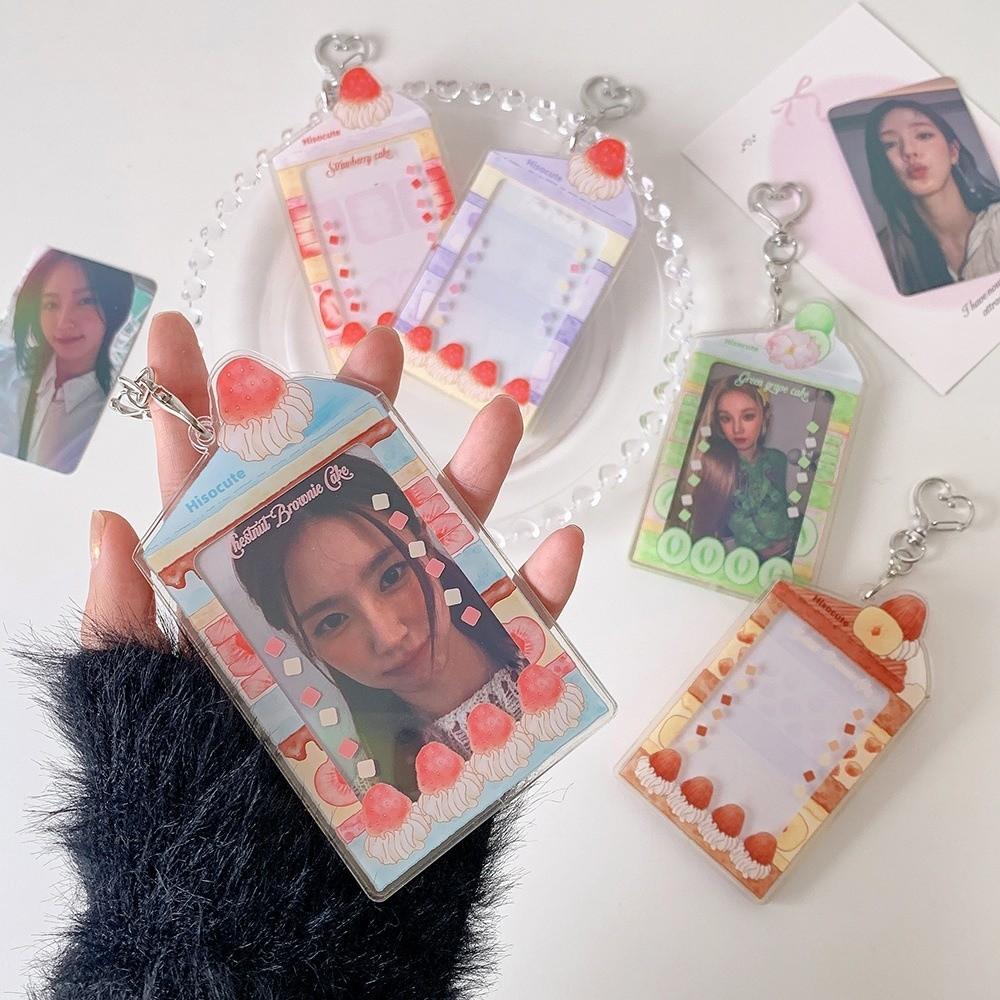 Acrylic Kpop Photocard Holder Keychain 3 Inch Cake Dessert Shape Campus Card Protective Case Transparent