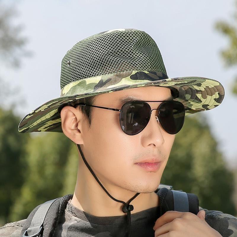 Men's Camo Mesh Sun Hat Wide Brim Breathable Bucket Hat UV Protection Outdoor Fishing Cap