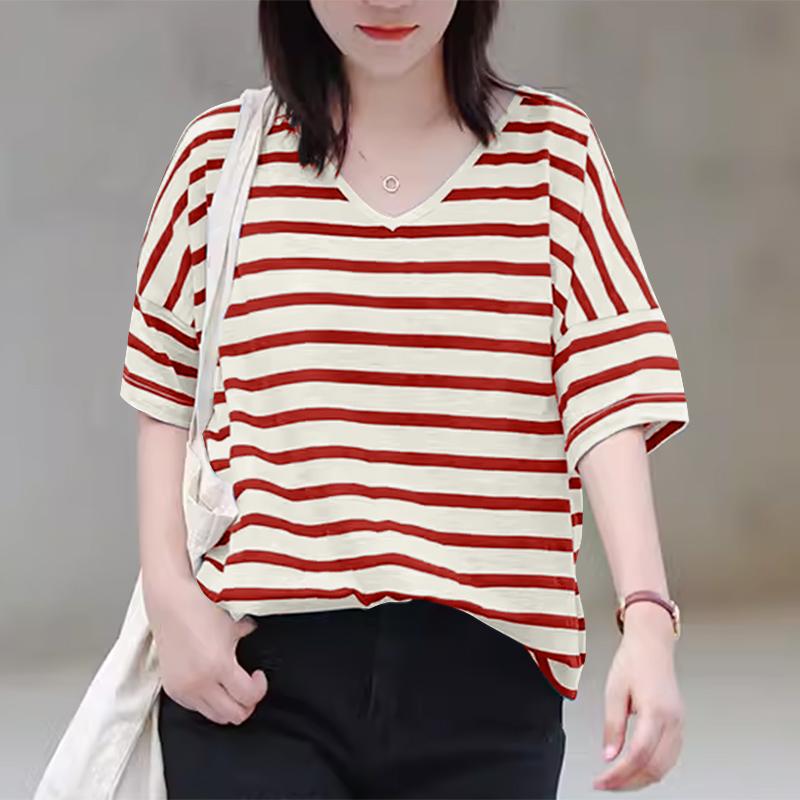 

ZANZEA Женская повседневная летняя блузка в полоску с v-образным вырезом и короткими рукавами XL красный
